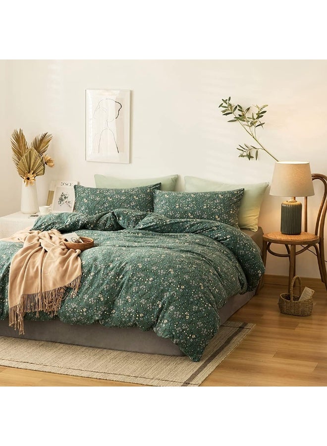 EAVD Vintage Green Floral Duvet Cover Full Size 100% Jersey Cotton Cottagecore Floral Bedding Set with 2 Pillowcases Chic Shabby Reversible Botanical Duvet Cover with Zipper Closure - Image 3